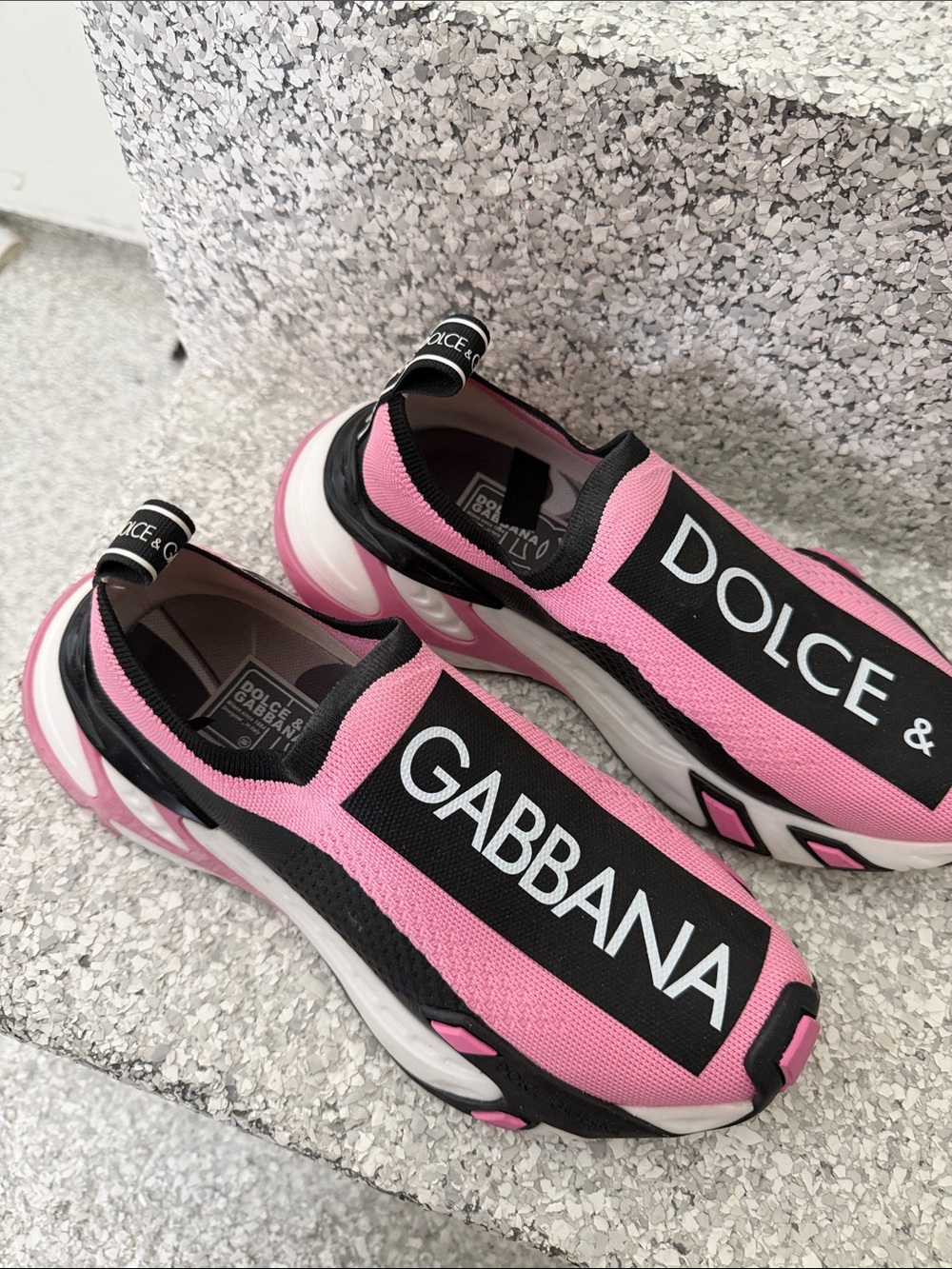 Dolce & Gabbana Pink and Black Slip-On Logo Knit Sneakers